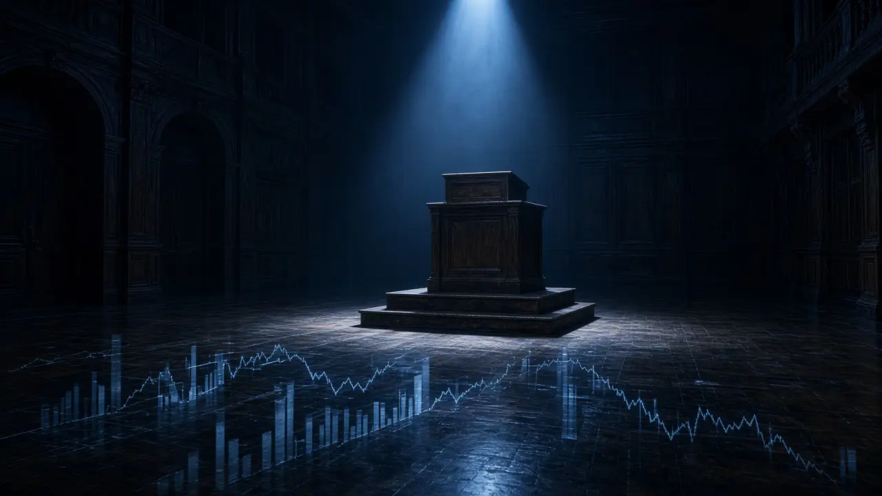An empty auction podium under a single blue spotlight in a dark hall