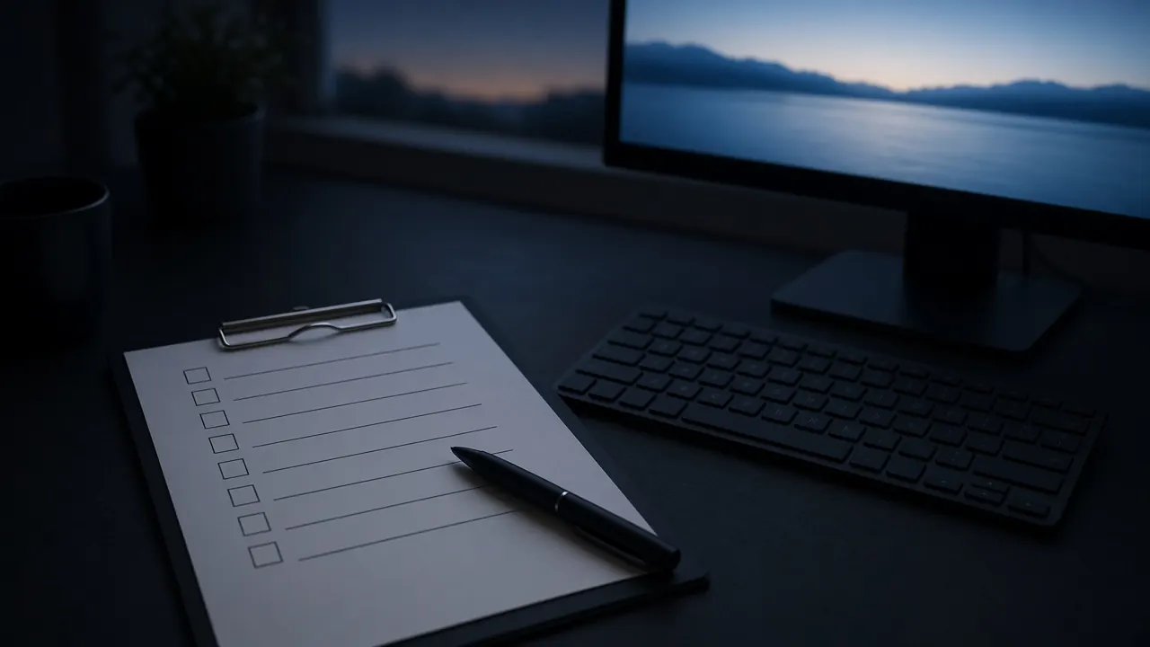 A clipboard with a blank checklist and a pen on a dark desk next to a keyboard at dawn