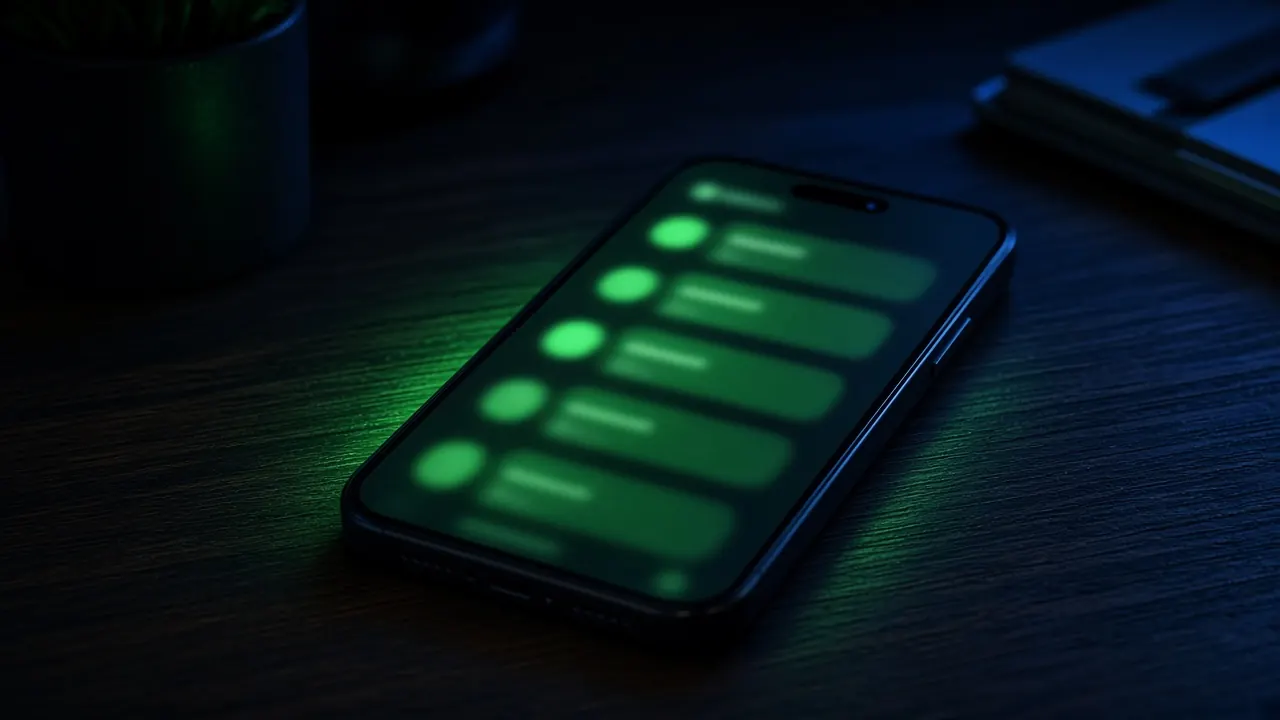 A smartphone on a dark desk glowing with a stack of green notifications