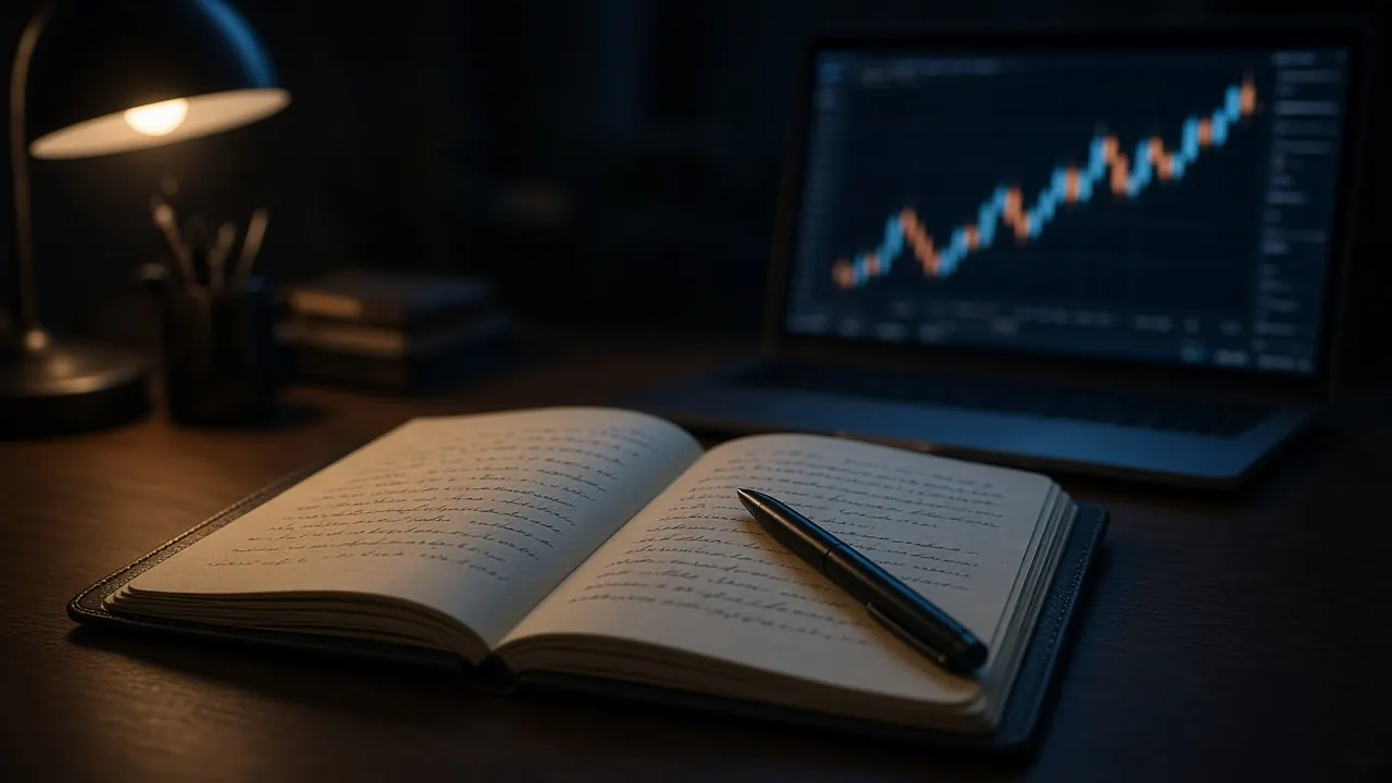 An open notebook and pen under a desk lamp beside a laptop showing a price chart