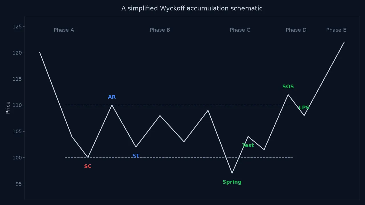 A simplified Wyckoff accumulation diagram labeled SC, AR, ST, Spring, Test, SOS and LPS across phases A to E